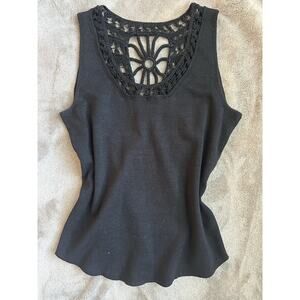 Vintage Dana Buchman Black Knit Tank Top Medium Crochet Lace Linen Blend